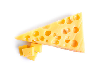 Pieces of cheese with holes on white background, top view