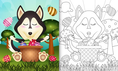 coloring book for kids themed happy easter day with character illustration of a cute husky dog in the bucket egg