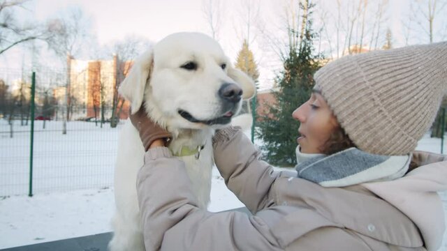 Young happy woman in outerwear petting cute golden retriever dog during walk on winter day