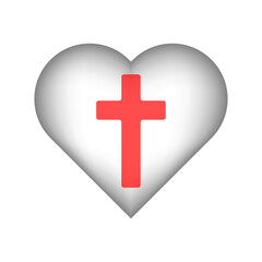 Grey heart icon with red cross. Concept of religious heart icon with cross. Icon for graphic design, website. Vector icon of symbols of faith, religion, Christianity. Vector illustration.