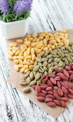 Italian classic pasta on a light wooden background