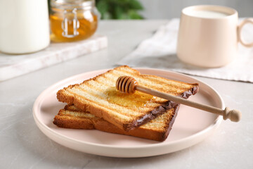 Tasty toasts with honey served on light table