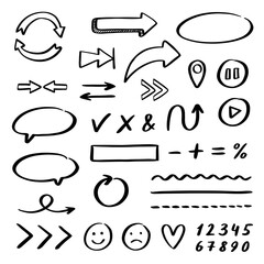 Set of doodles. Arrows, lines, bubbles, numbers, frames and others isolated on a white background.