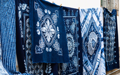 Traditional white and blue tie-dye fabrics of Bai minority in Zhoucheng Village Dali Yunnan China