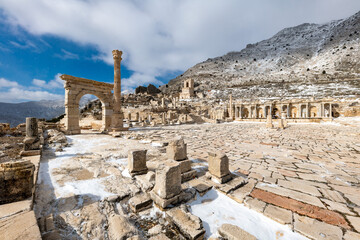 Fototapeta premium Gymnasium.Welcome to Sagalassos. Isparta, Turkey.To visit the sprawling ruins of Sagalassos, high amid the jagged peaks of Akdag, is to approach myth: the ancient ruined city set in stark.