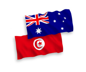 National vector fabric wave flags of Australia and Republic of Tunisia isolated on white background. 1 to 2 proportion.