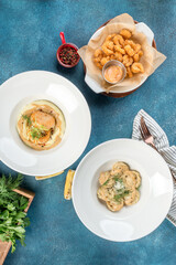 Dumplings, shrimps, hummus, menu to choose from