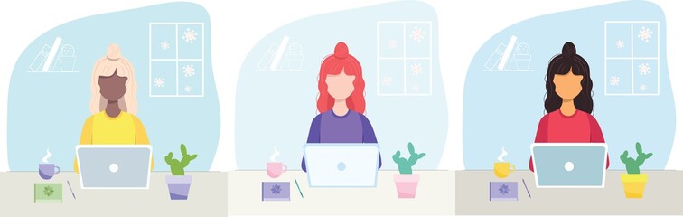 Multi-ethnic women. Woman with laptop, education or working concept. Home office during coronavirus outbreak concept, woman working from home.