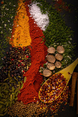 a still life of colorful spices that encompass green, black, and colorful spices. Photo suitable for cookbook, cover, kitchen calendar, etc.
