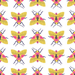 Bright motley seamless pattern with moths and butterflies on white background. Textile and wrapping design. Vector illustration.