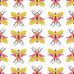 Bright motley seamless pattern with moths and butterflies on white background. Textile and wrapping design. Vector illustration.