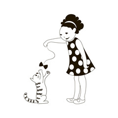 Girl play with kitten. Vector black and white illustration.