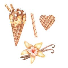 Watercolor elements for decoration: ice cream, waffle and vanilla flower