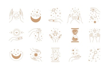 Boho magic set. Alchemy magic witch logo, hand drawn boho mystic doodle esoteric symbols. Vector set