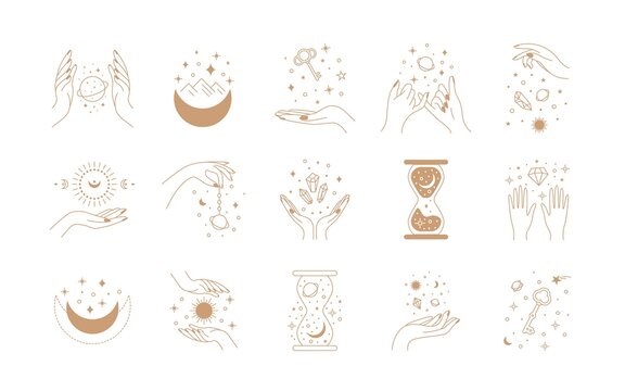 Boho magic set. Alchemy magic witch logo, hand drawn boho mystic doodle esoteric symbols. Vector set