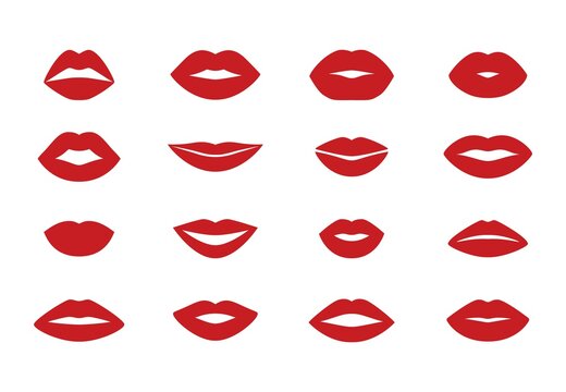 Woman s lips. Cartoon flat kiss shape icons, isolated lipstick sensual silhouette set. Vector beauty cosmetic concept