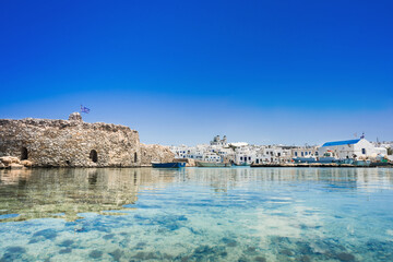 Paros island, Naoussa, Cyclades, Greece, panoramic landmark of beautiful greek fishing village....