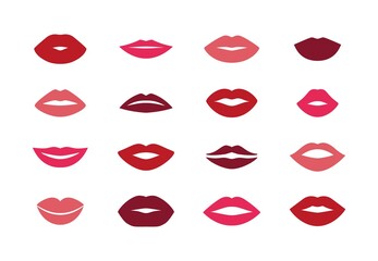 Girl s lips set. Woman red mouth silhouette symbols, female lipstick kiss love symbol. Vector isolated set