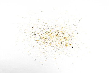 Grounded spice ingredient of dry mix vegetables isolated on white. tzatziki  spices. A pile of a yellow spice mix.  