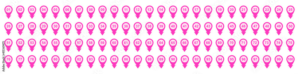 Aufkleber set of markers. number bullet point from 1 to 100, markers. arrow bullet point colorful, vector.