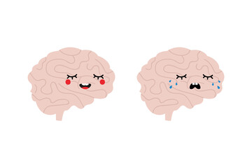 Cute cartoon style human brain characters, happy smiling and sad crying.