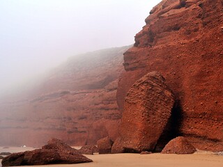 marsian-like mistic foggy landscape of clay rocks