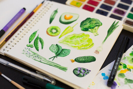 Watercolor set of green
vegetables: avocado, kiwi, asparagus, cucumber, onion, peas, artichoke, broccoli, bell pepper, okra, spinach, lettuce. 