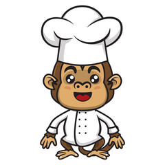 Funny Little Monkey Cartoon Characters wearing Chef Hat and Chef Uniform, standing and greeting, best for mascot or logo of culinary business services