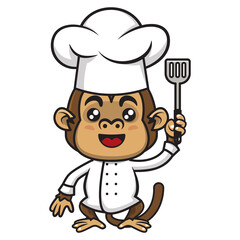 Funny Monkey Cartoon Characters wearing Chef Hat and Chef Uniform, standing and carrying a spatula, best for mascot or logo of culinary business services