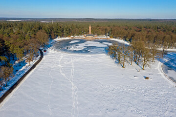 Aerial from hunting lodge Hubertus in winter in the Netherlands