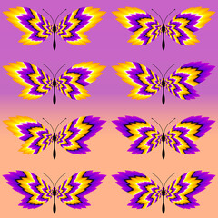 Set of yellow and purple butterflies. Optical expansion illusion. 