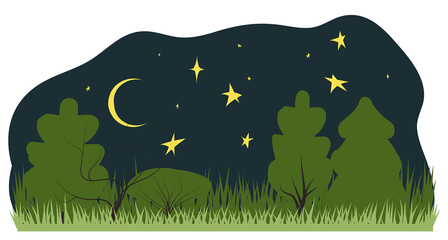 adventure travel night vector illustration landscape with forest, stars and grassin flat style. Perfect for flyer, poster or promotion design.