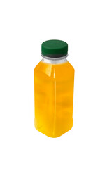Plastic organic juice bottles with fresh juice isolated on white background