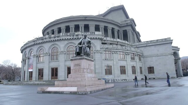 Yerevan, Armenia - Panorama The building of the Yerevan Opera and Ballet Theater named after Spendiarov and the stone statue of Spendiarov