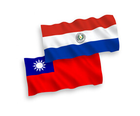 National vector fabric wave flags of Paraguay and Taiwan isolated on white background. 1 to 2 proportion.