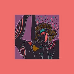 Vector illustration with an outline of a female body. Abstract composition with geometric and floral elements. Postcard to International Women's Day.