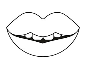 A smile on plump lips. Sketch. Seductive mouth. Vector illustration. Coloring book for children. Valentines Day. Doodle style. An even row of teeth. Outline on an isolated white background. 