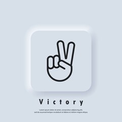 Victory logo. Sign of victory or peace. Hand gesture of human. Two fingers raised up. Vector EPS 10. UI icon. Neumorphic UI UX white user interface web button. Neumorphism
