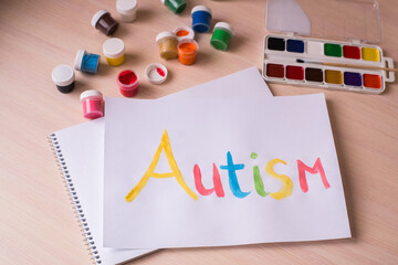 Creative design for april 2, autism world awareness day.  Painting word autism with paints