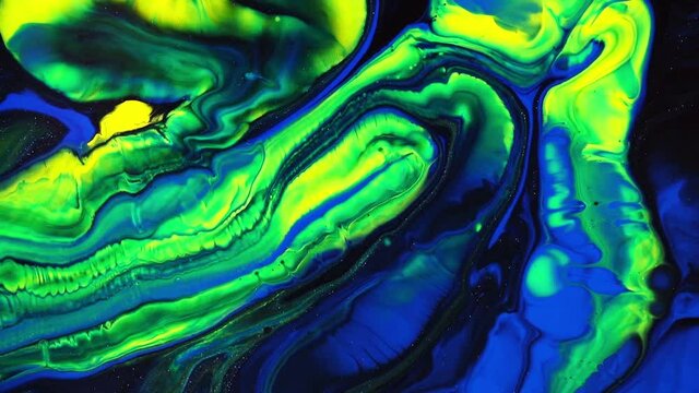 Fluid art drawing video, trendy acryl texture with colorful waves. Liquid paint mixing artwork with splash and swirl. Detailed background motion with yellow, blue and green overflowing colors