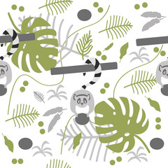 Naadloze patroon van jungle dieren, lemuren op een tak