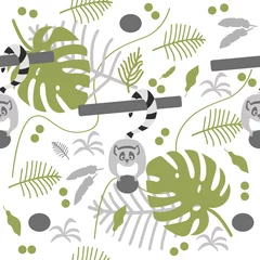 Fototapete Dschungel  Kinderzimmer Nahtloses Muster von Dschungeltieren, Lemuren auf einem Ast