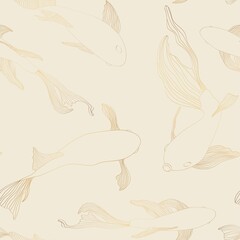 Fish graphic golden line seamless pattern background sketch illustration. Japanese Koi carps, golden fish  backgriund. Etched ocean fish wrapper.