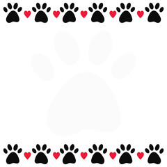 Dog or cat paw border blank with hearts and big transparent paw silhouette. Template design with copy space for pet shops, adoption, veterinary certificates. Vector printable banner, place for text © Caelestiss