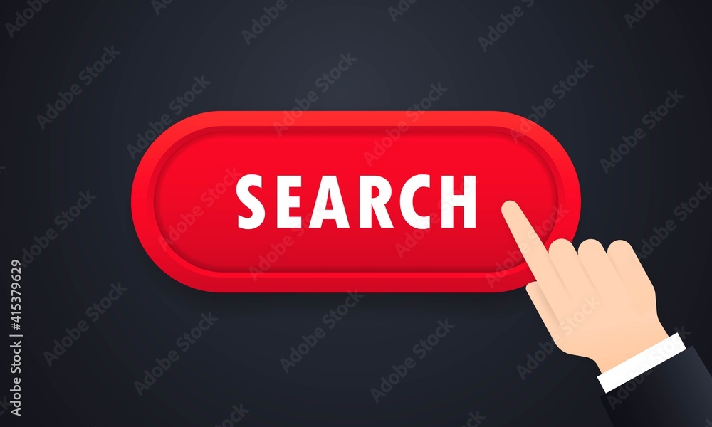 Poster search 3d button with hand pointer clicking. hand push the button search. register now button icon s