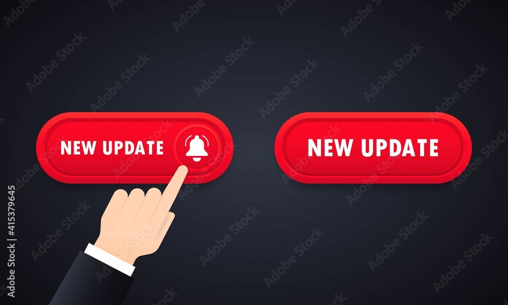 Aufkleber new update 3d button with hand clicking. hand push the button new update. new update button icon set