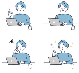 パソコンを操作する男性　シンプルイラスト