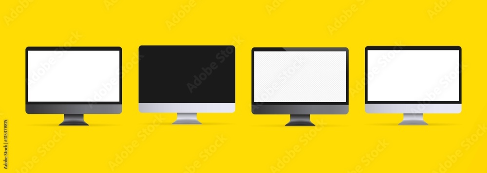 Poster realistic computer monitor illustration. light and dark theme. computer monitor icon. white blank di