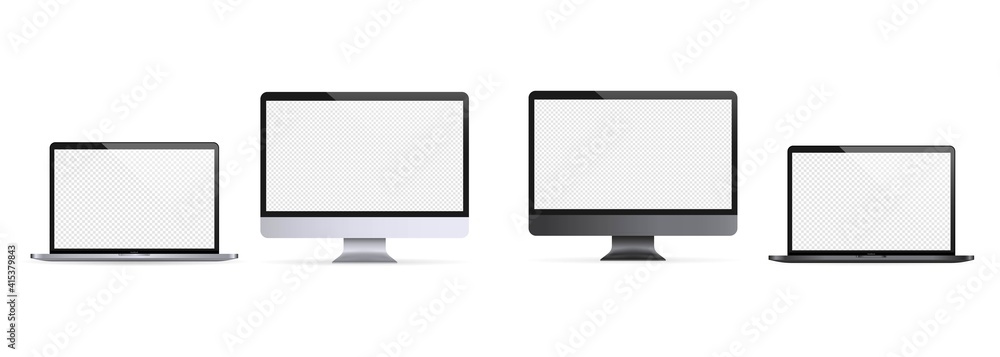 Poster realistic laptop, notebook. computer monitor illustration. light and dark theme. computer monitor ic