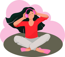 the girl listens to music with headphones, earphones. Vector illustration.